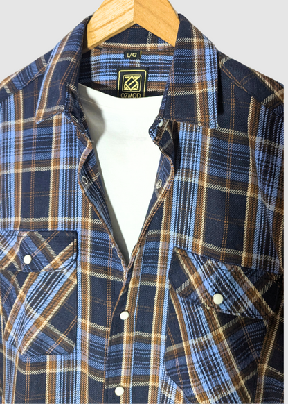 Blue Checks Men Shirt in Cotton Flannel with Pockets & Snap Buttons