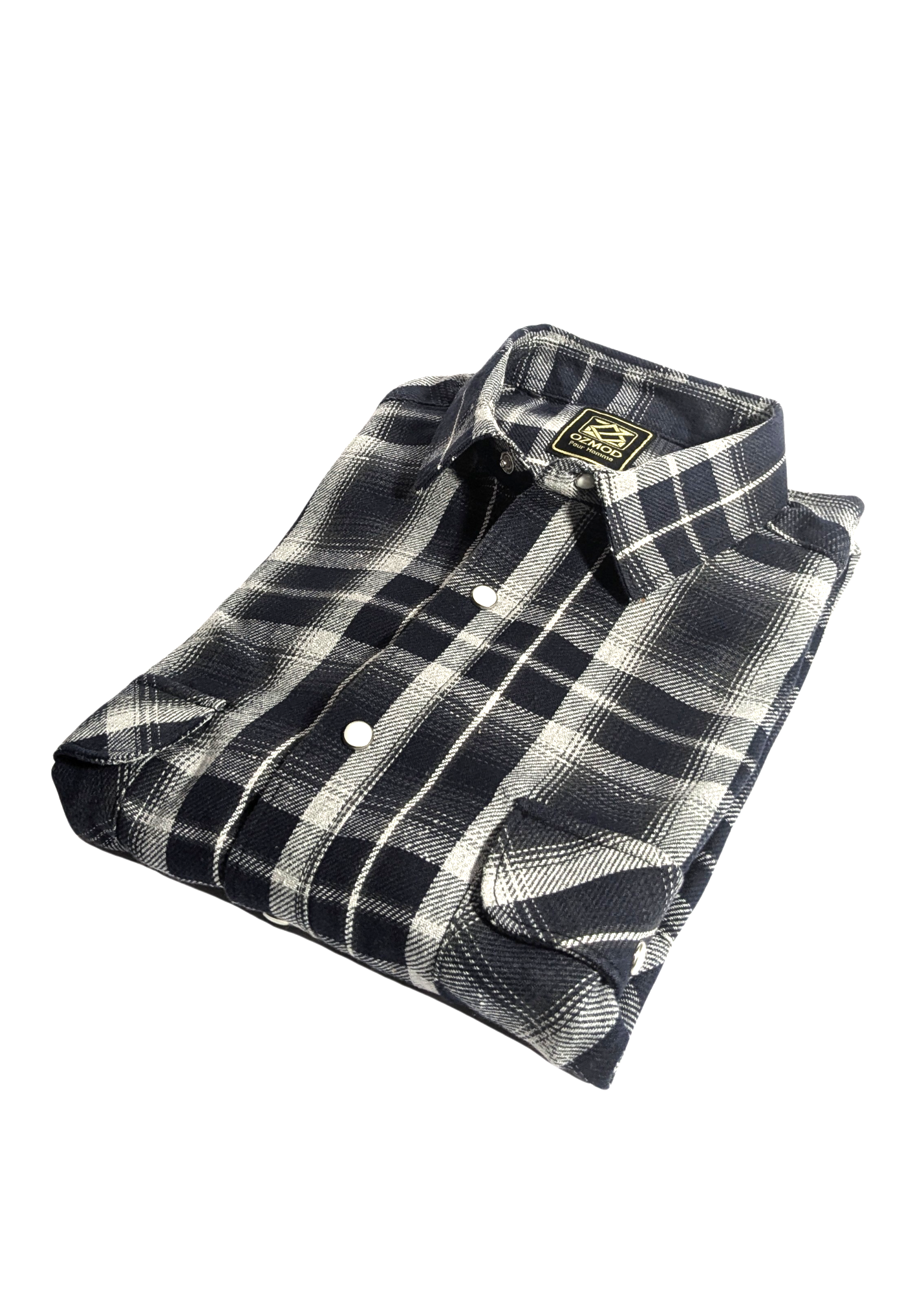 Grey Checks Men Shirt in Cotton Flannel with Double Pockets & Snap Buttons