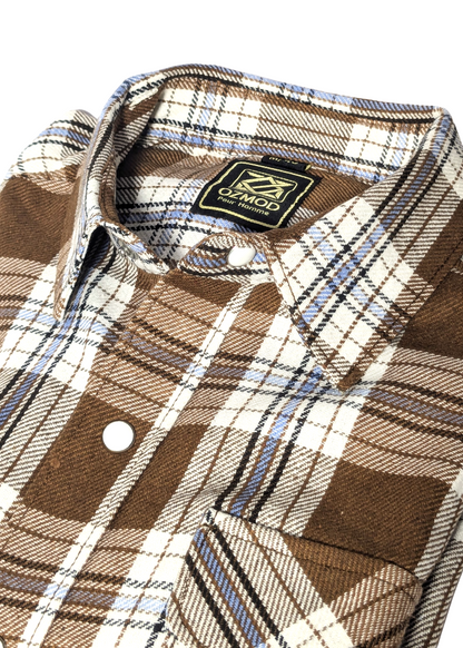 Mustard Checks Men Shirt in Cotton Flannel with Double Pockets & Snap Buttons