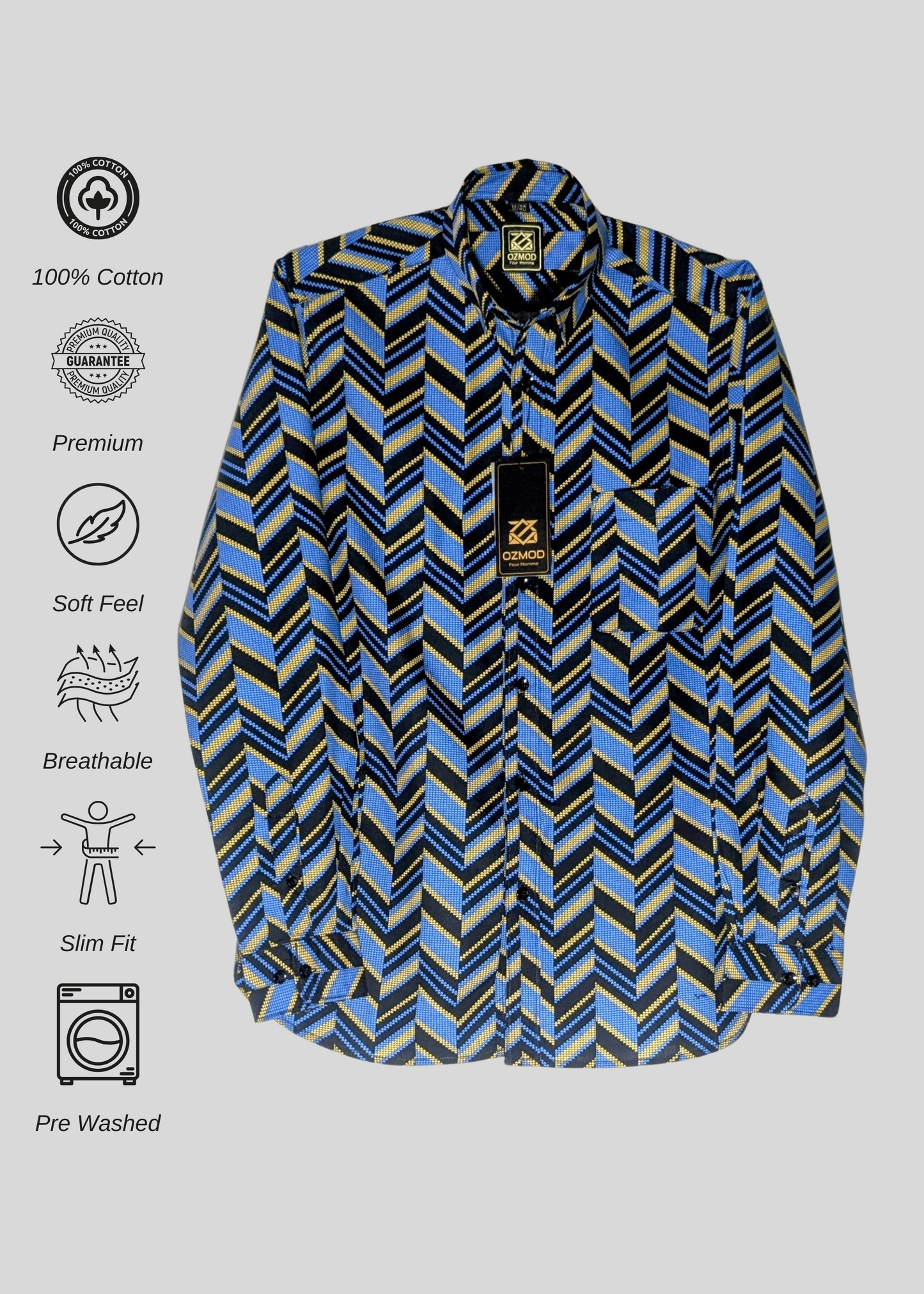 Black Tapered Shirt in Printed Cotton with Full Sleeves, Single Pocket