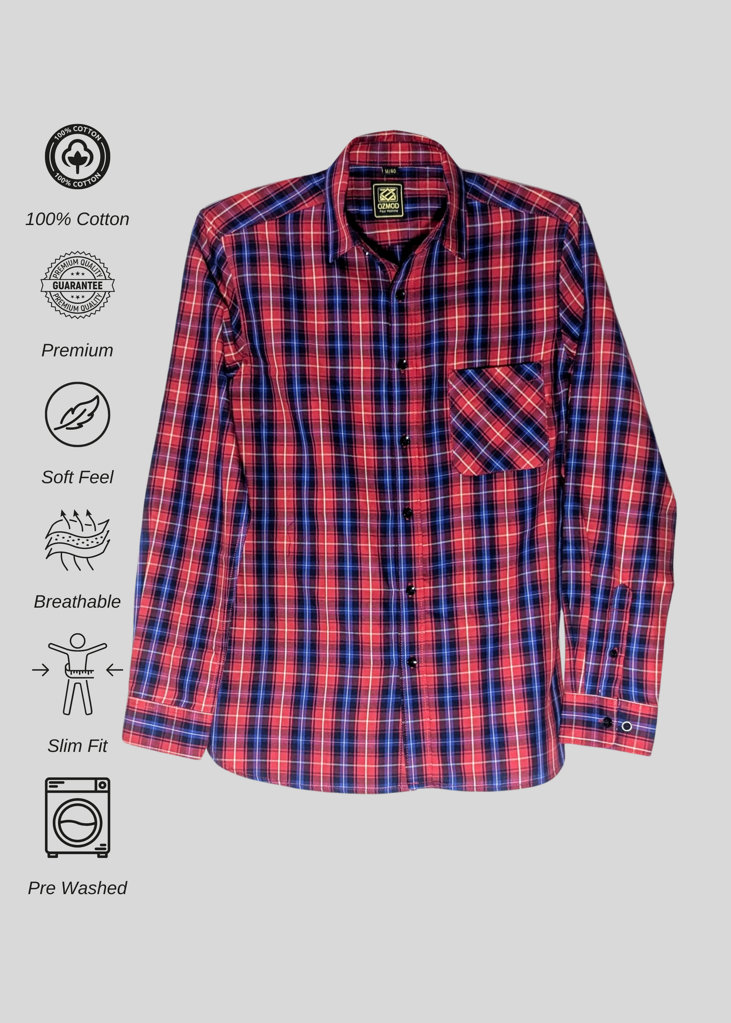 Red Tapered Shirt in Checks Cotton with Single Pocket