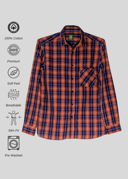 Orange Tapered Shirt in Checks Cotton with Single Pocket