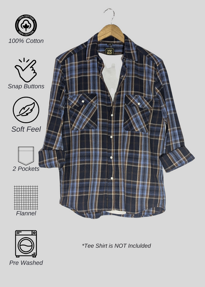 Blue Checks Men Shirt in Cotton Flannel with Pockets & Snap Buttons