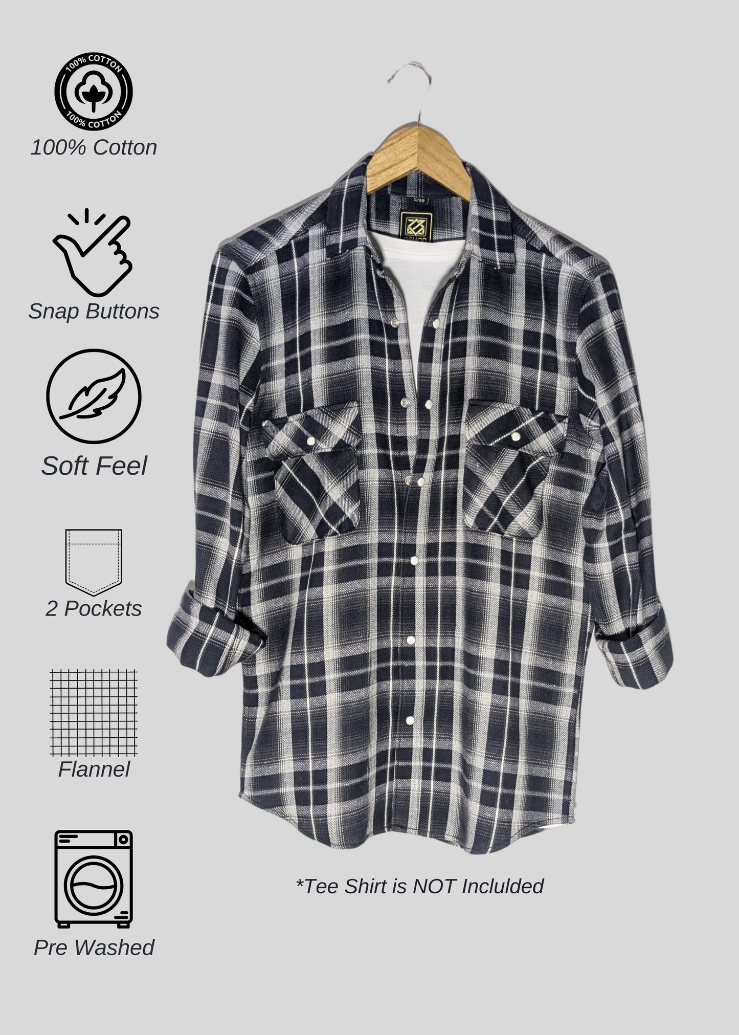 Grey Checks Men Shirt in Cotton Flannel with Double Pockets & Snap Buttons