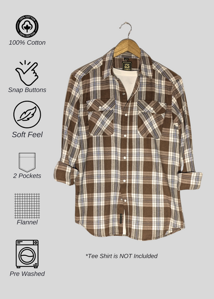 Mustard Checks Men Shirt in Cotton Flannel with Double Pockets & Snap Buttons