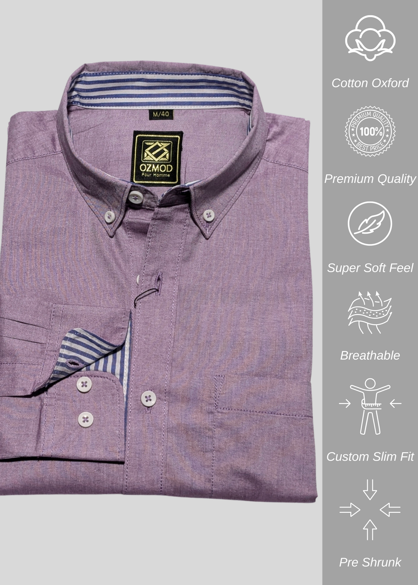 Mauve Shirt in Cotton with Button Down & Contrast Trim