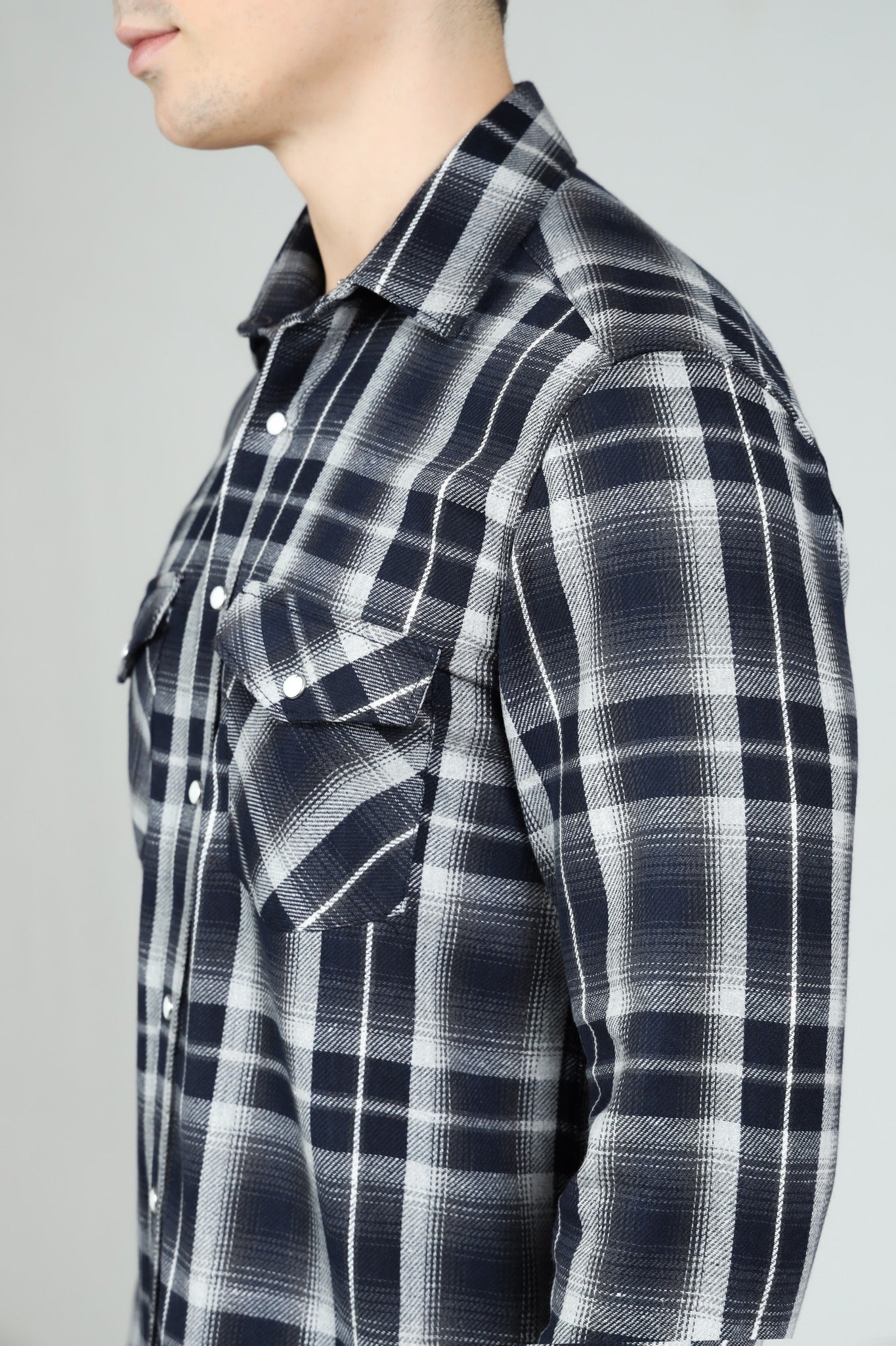 Grey Checks Men Shirt in Cotton Flannel with Double Pockets & Snap Buttons - OZMOD