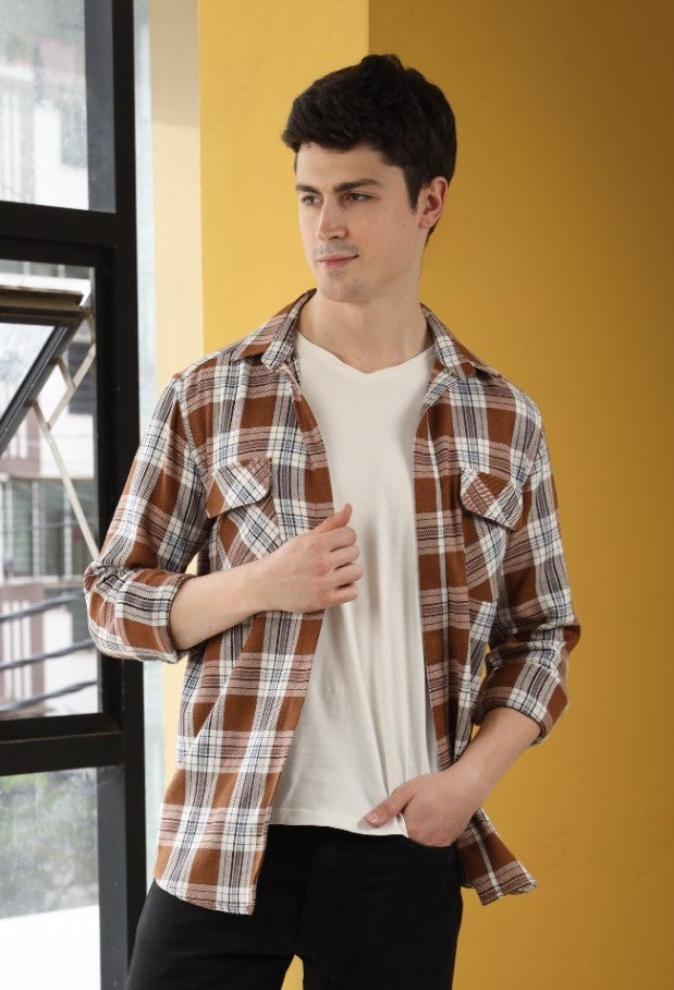 Mustard Checks Men Shirt in Cotton Flannel with Double Pockets & Snap Buttons - OZMOD