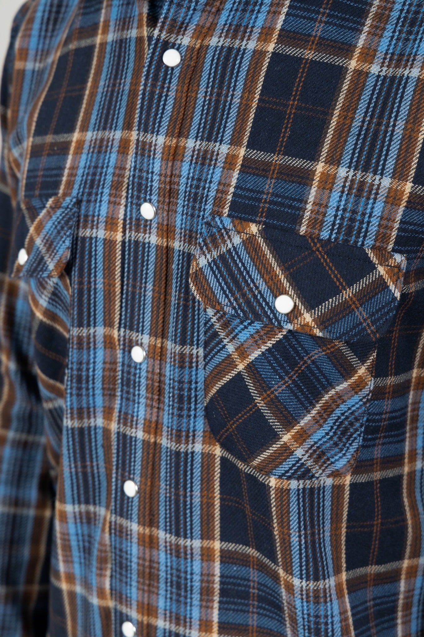 Blue Checks Men Shirt in Cotton Flannel with Pockets & Snap Buttons - OZMOD