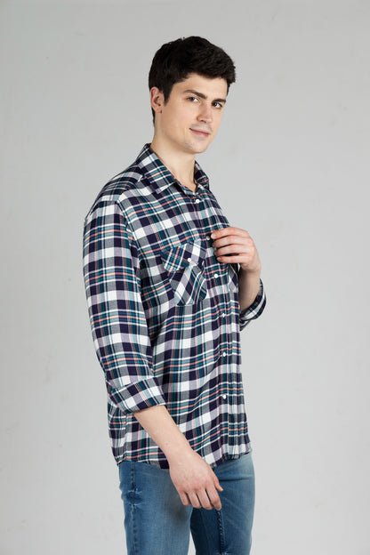 Navy Checks Men Shirt in Cotton Flannel with Pockets & Snap Buttons - OZMOD