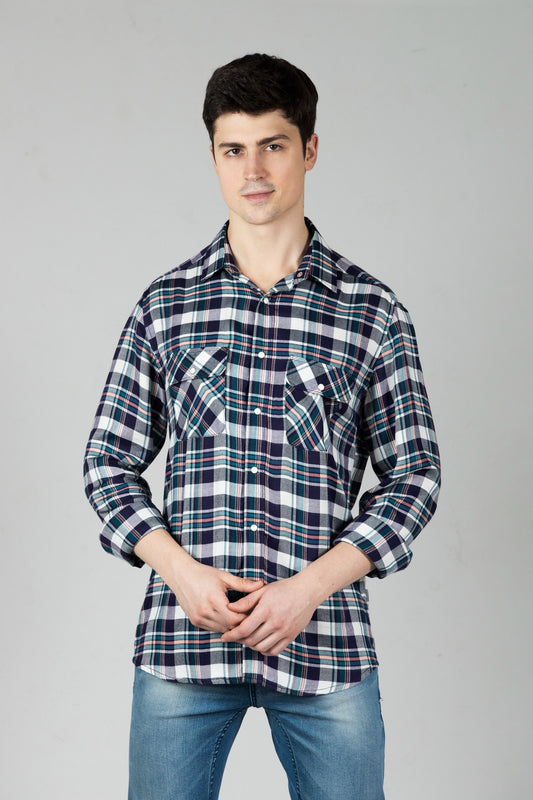 Navy Checks Men Shirt in Cotton Flannel with Pockets & Snap Buttons - OZMOD