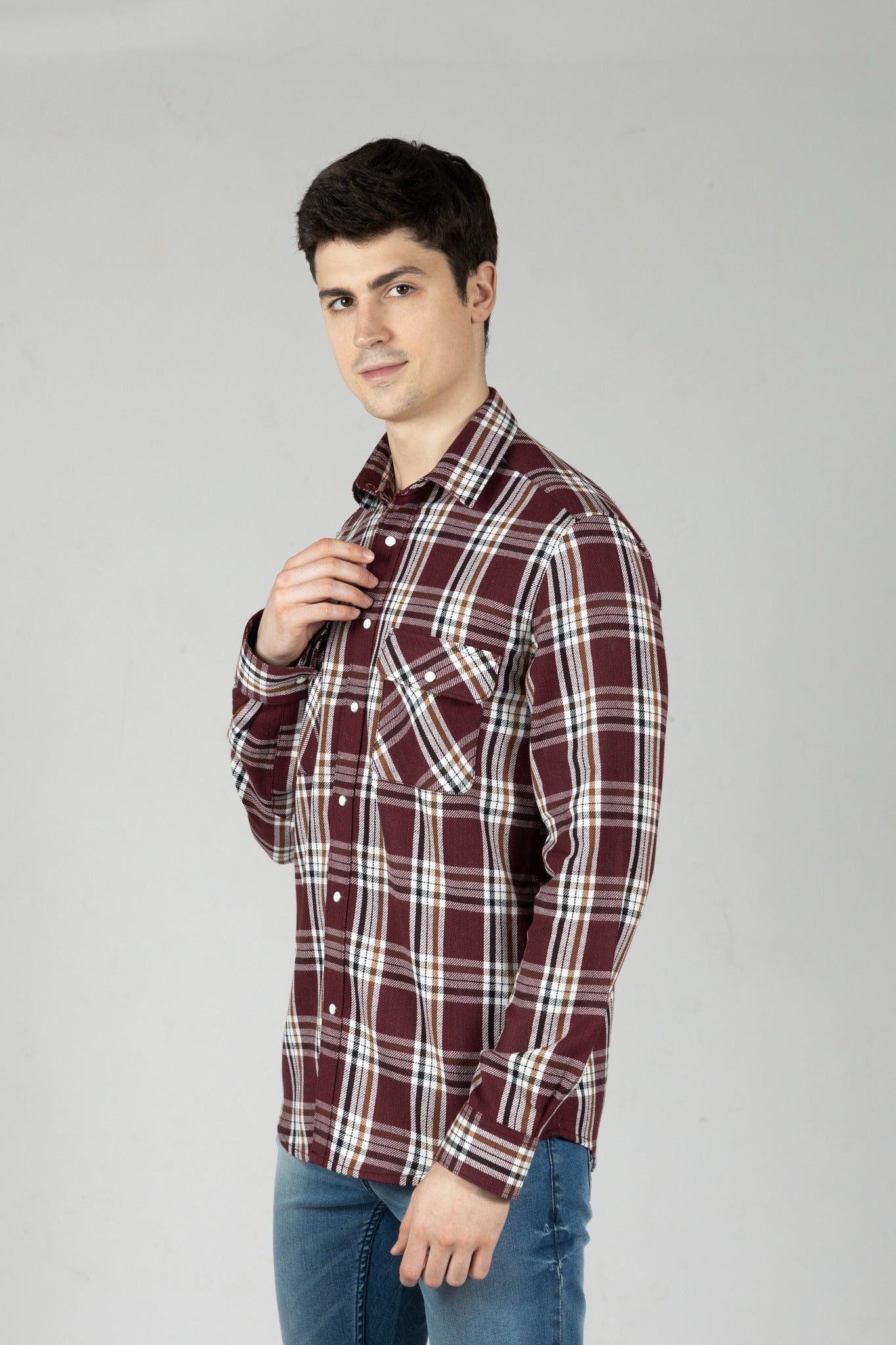 Red Checks Men Shirt in Cotton Flannel with Double Pockets & Snap Buttons - OZMOD