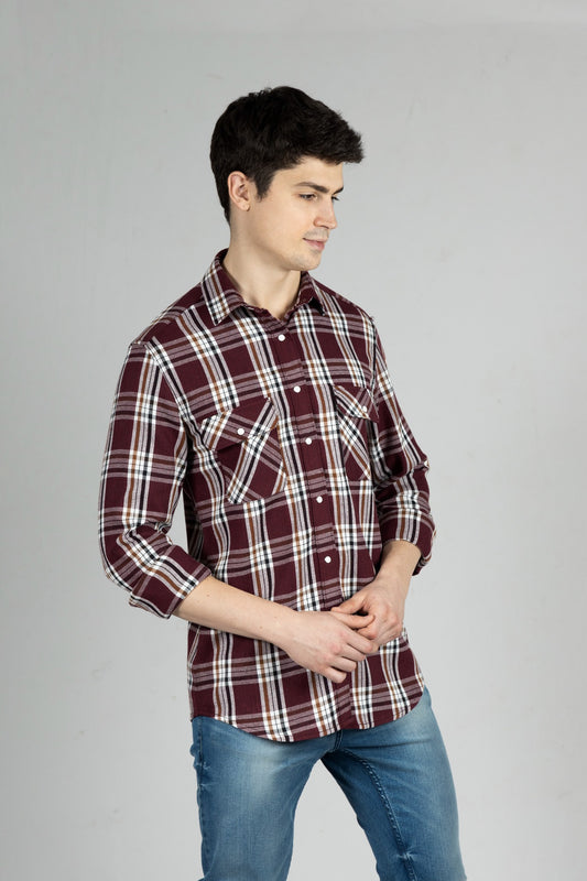 Red Checks Men Shirt in Cotton Flannel with Double Pockets & Snap Buttons - OZMOD