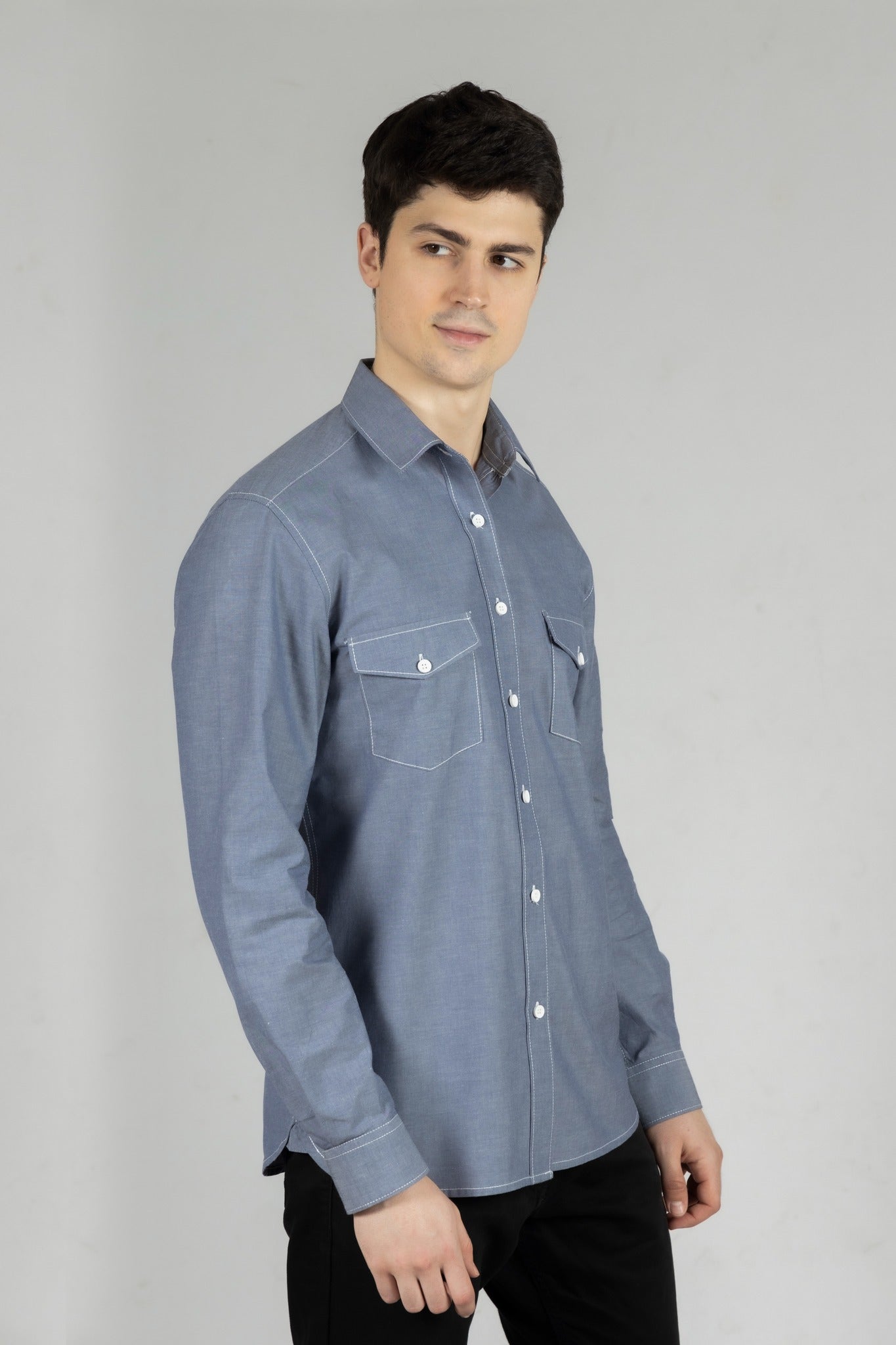 Blue Chambray Men's Shirt in Cotton with Double Pockets & Contrast Stitch - OZMOD