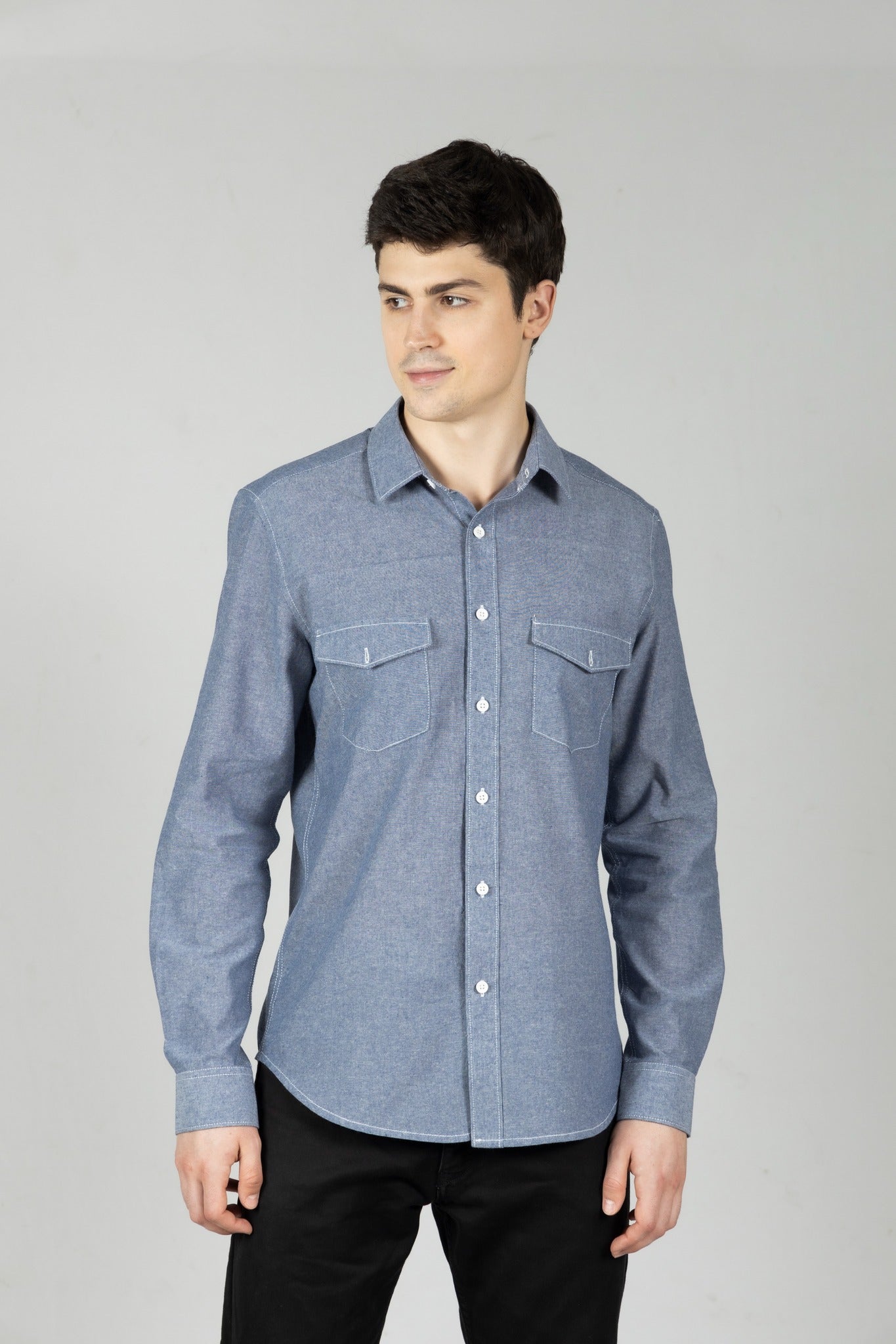 Light Blue Chambray Men's Shirt in Cotton with Double Pockets & Contrast Stitch - OZMOD