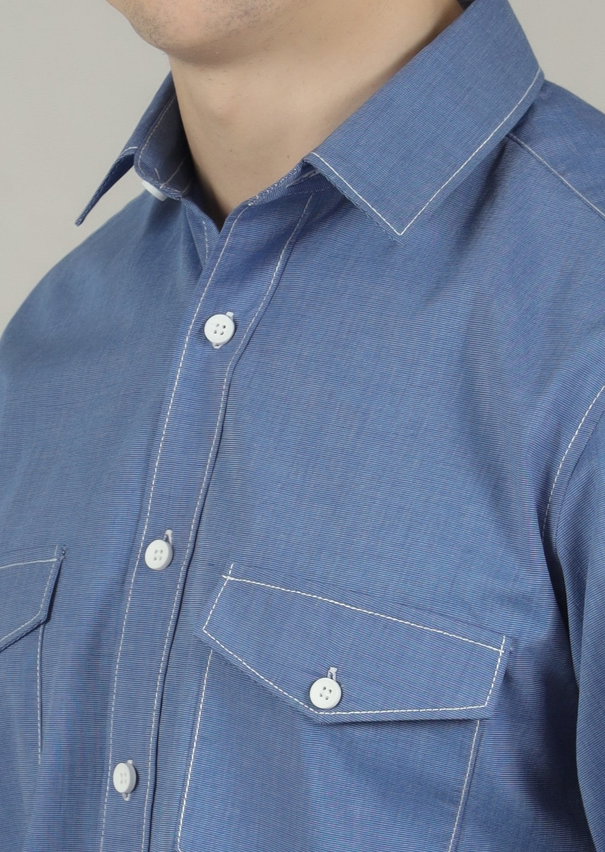 Bright Blue Chambray Men's Shirt in  Cotton with Double Pockets & Contrast Stitch - OZMOD