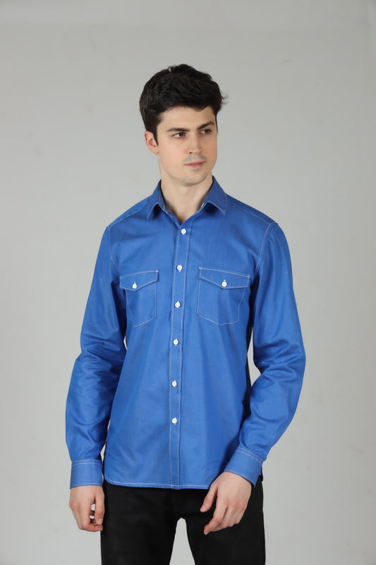 Electric Blue Chambray Men Shirt in  Cotton with Double Pockets & Contrast Stitch - OZMOD