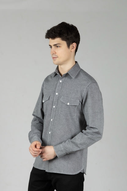 Grey Regular Fit Men's Oxford Shirt in Cotton with Double Pockets & Contrast Stitch - OZMOD