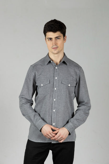 Grey Regular Fit Men's Oxford Shirt in Cotton with Double Pockets & Contrast Stitch - OZMOD