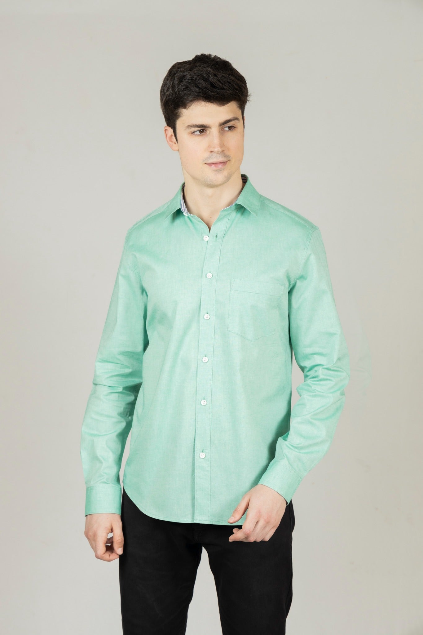 Green Regular Fit Men's Oxford Shirt in Cotton with Button Down & Contrast Trim - OZMOD