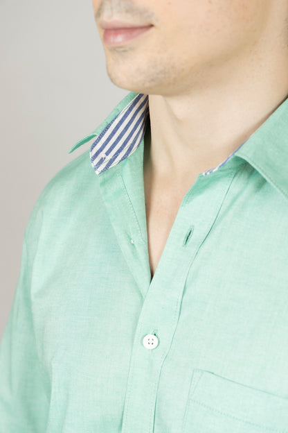 Green Regular Fit Men's Oxford Shirt in Cotton with Button Down & Contrast Trim - OZMOD
