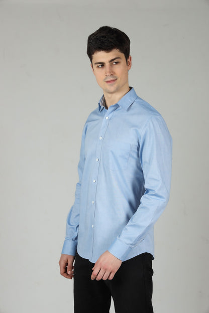 Blue Regular Fit Men's Oxford Shirt in Cotton with Button Down & Contrast Trim - OZMOD