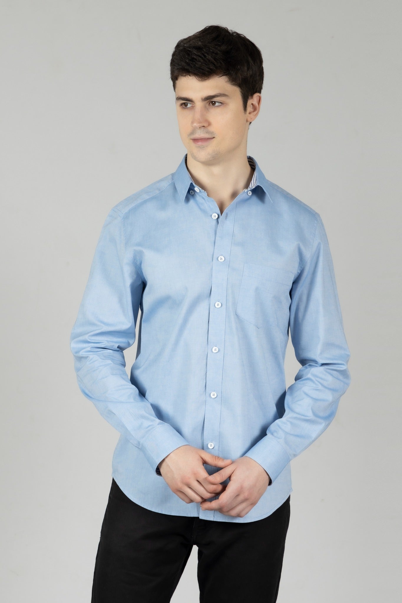 Blue Regular Fit Men's Oxford Shirt in Cotton with Button Down & Contrast Trim - OZMOD