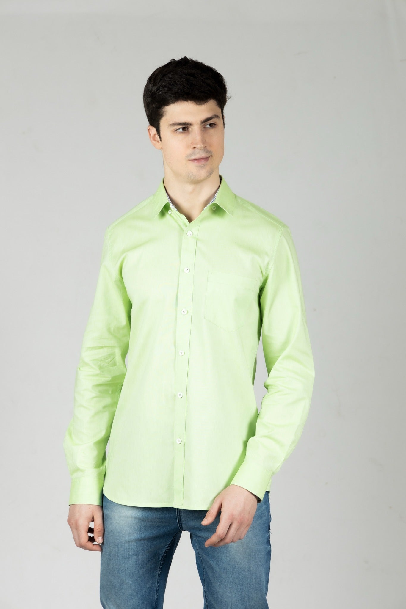 Lime Green Regular Fit Men's Oxford Shirt in Cotton with Button Down & Contrast Trim - OZMOD