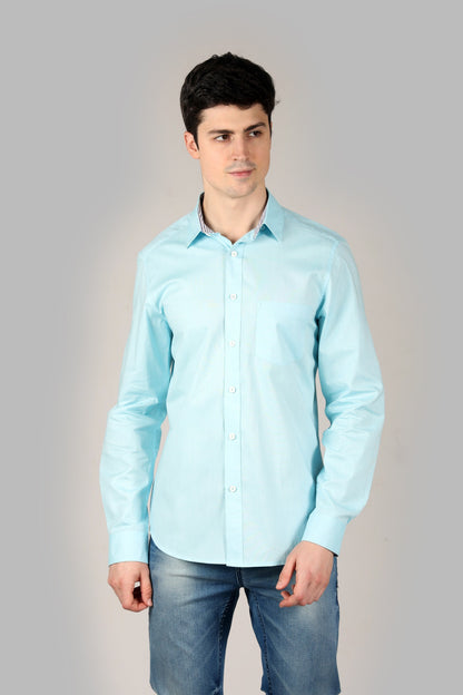 Sky Blue Regular Fit Men's Oxford Shirt in Cotton with Button Down & Contrast Trim - OZMOD