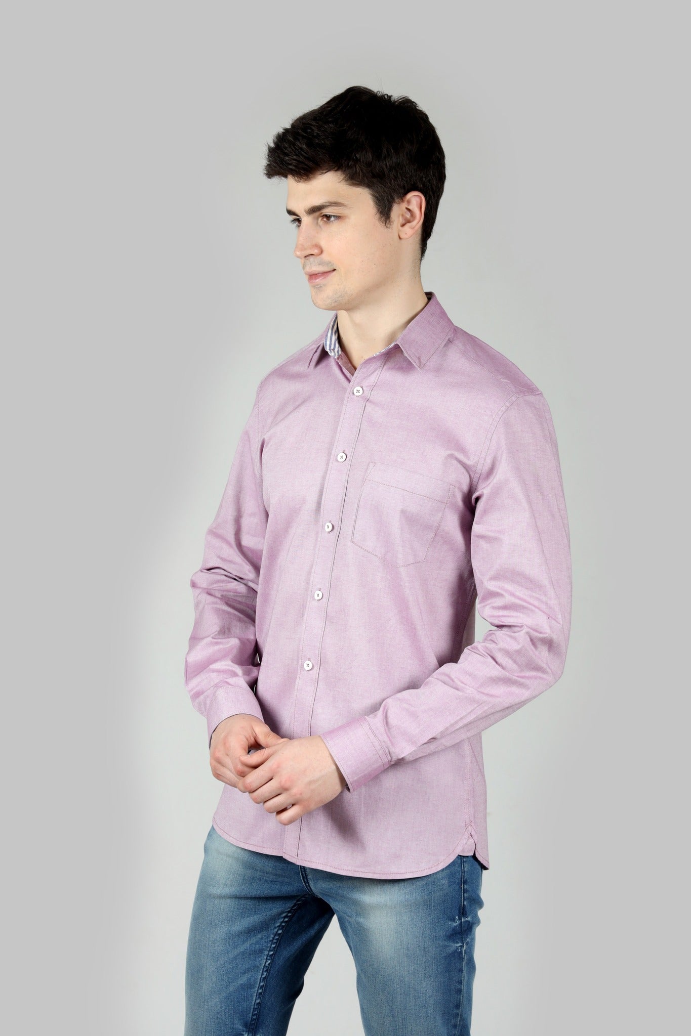 Mauve Shirt in Cotton with Button Down & Contrast Trim - OZMOD
