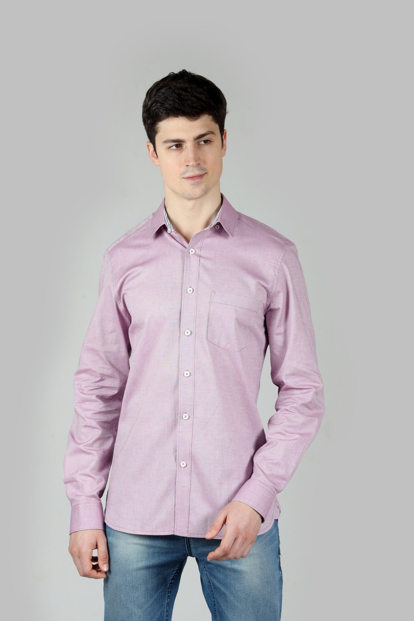 Mauve Shirt in Cotton with Button Down & Contrast Trim - OZMOD
