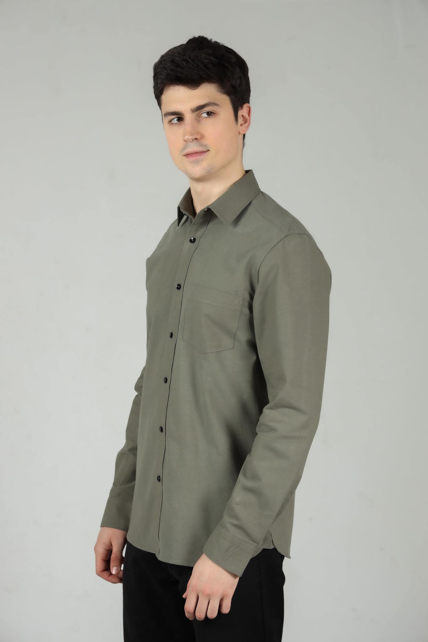 Green Tapered Shirt in Melange Cotton with Single Pocket - OZMOD