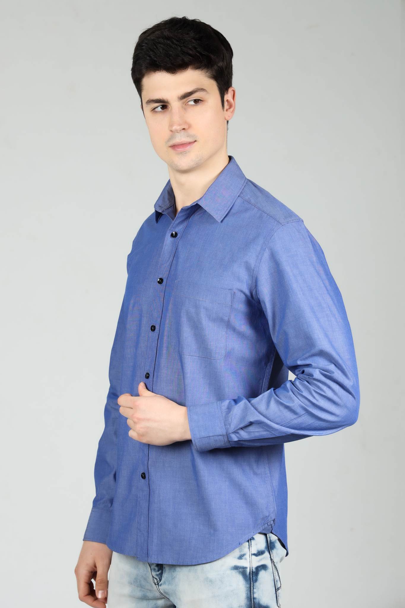 Blue Tapered Shirt in Melange Cotton with Single Pocket - OZMOD