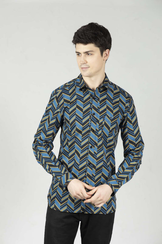 Black Tapered Shirt in Printed Cotton with Full Sleeves, Single Pocket - OZMOD
