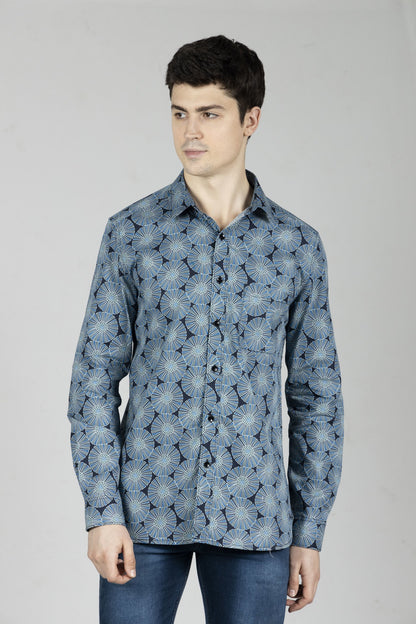 Blue Tapered Shirt in Printed Cotton with Single Pocket - OZMOD