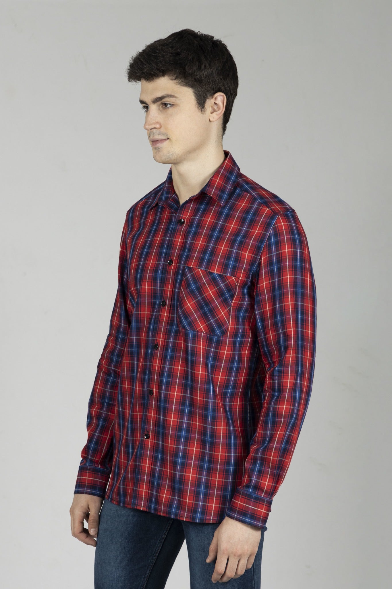 Red Tapered Shirt in Checks Cotton with Single Pocket - OZMOD
