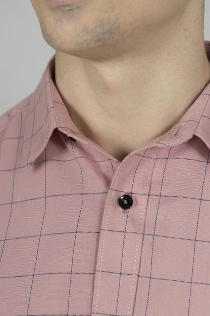 Pink Tapered Shirt in Checks Cotton with Full Sleeves - OZMOD