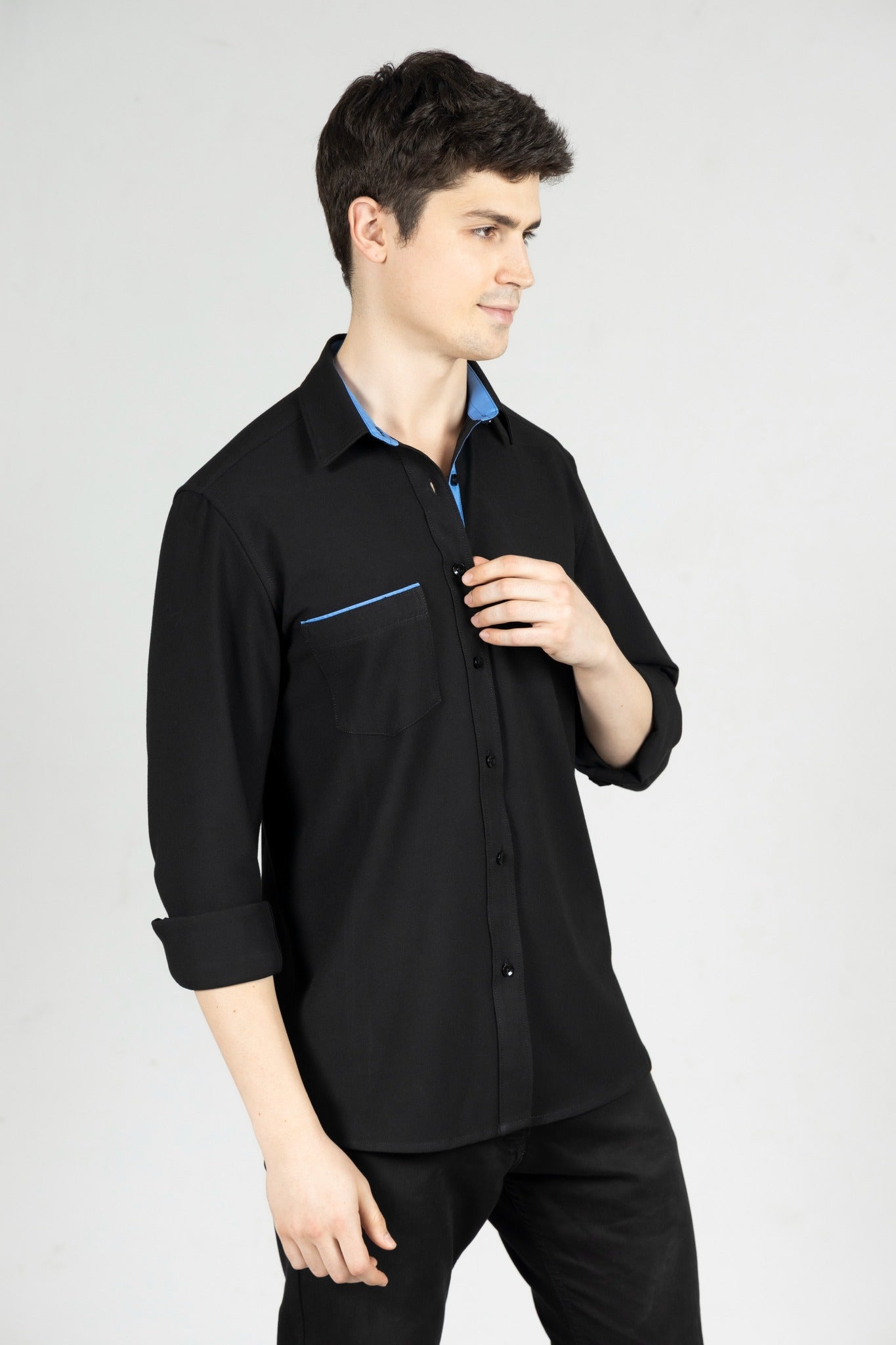 Black Contrast Men Shirt in Cotton with Full Sleeves & Single Pocket