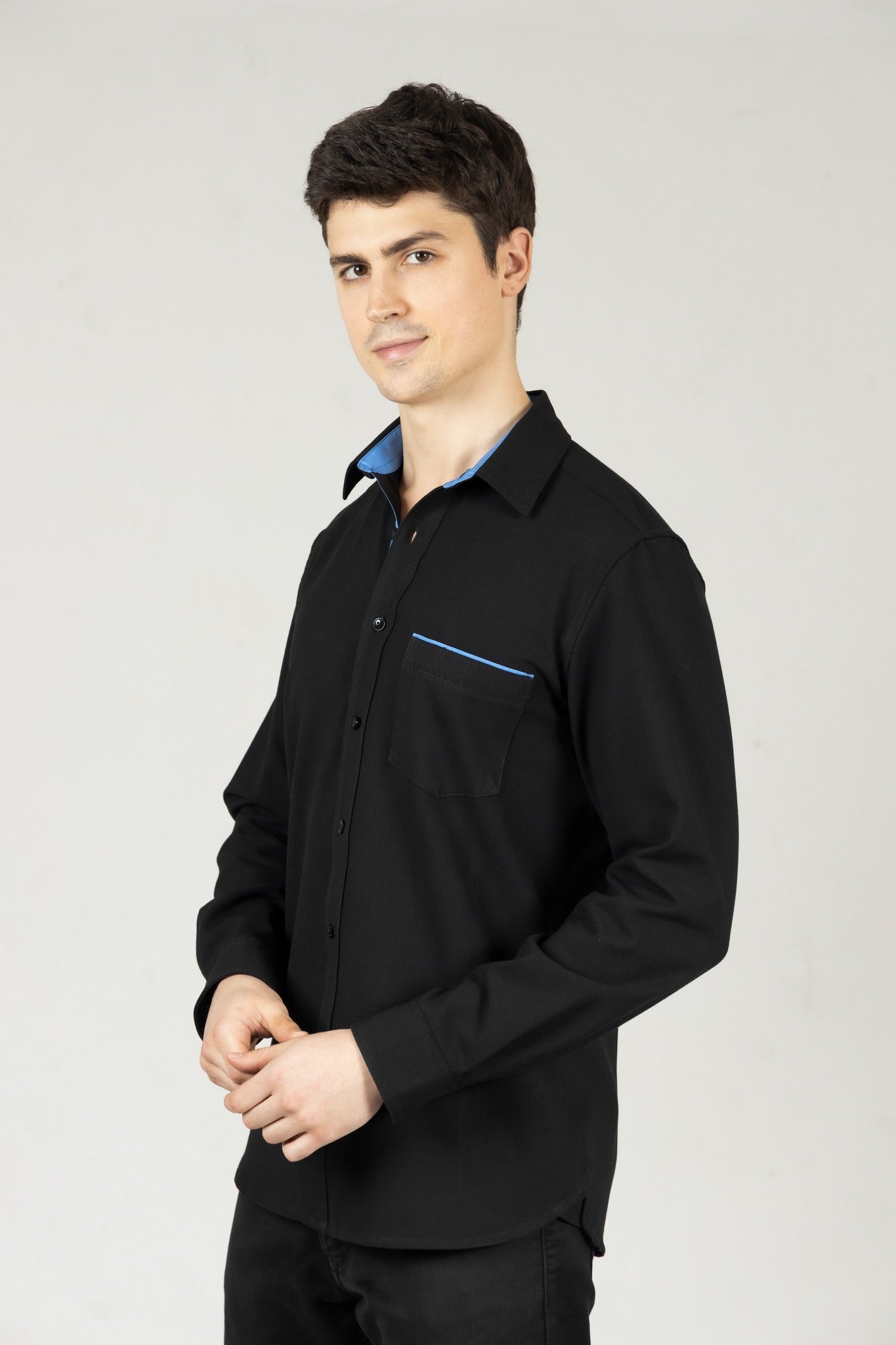 Black Contrast Men Shirt in Cotton with Full Sleeves & Single Pocket - OZMOD
