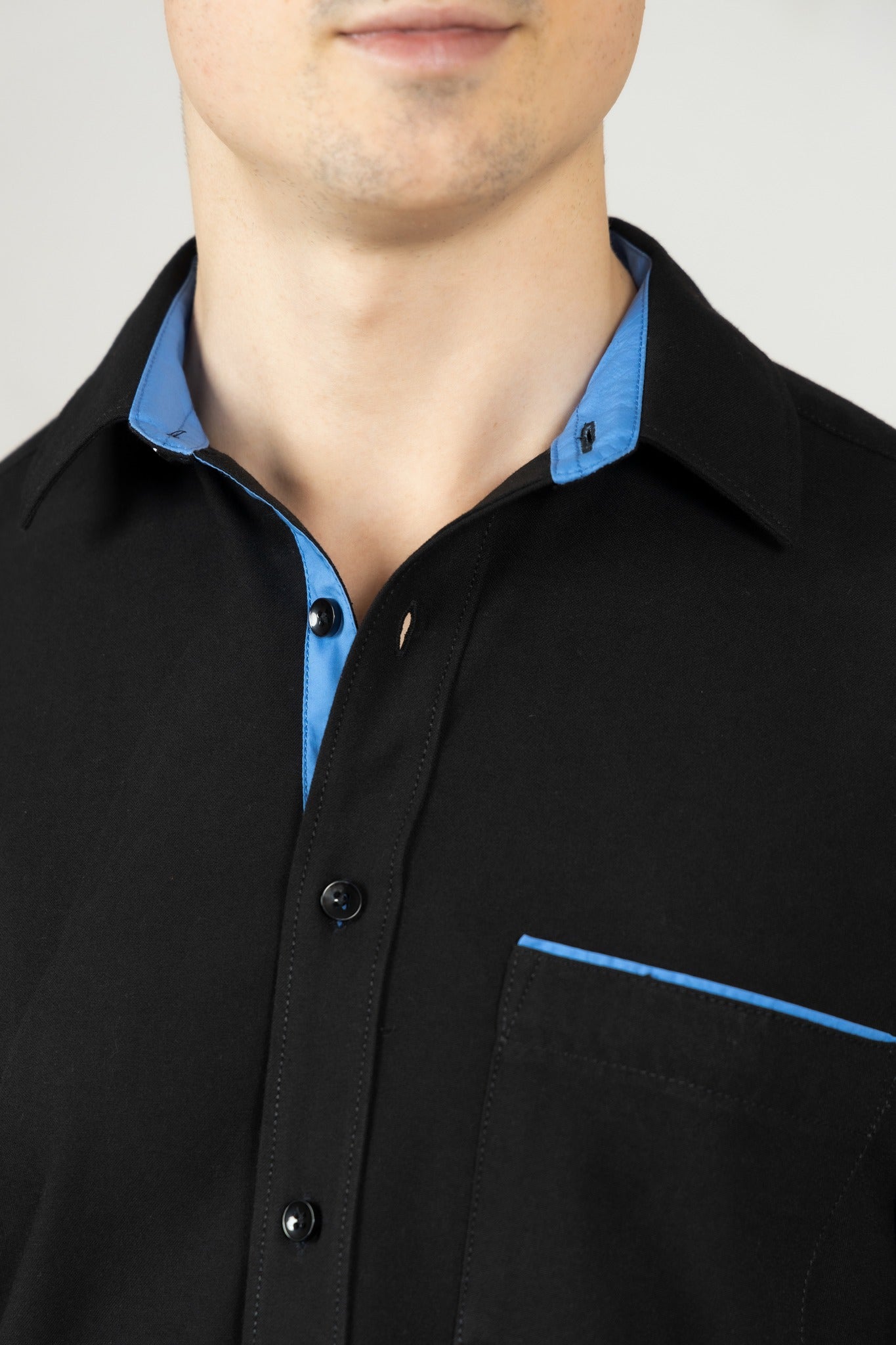 Black Contrast Men Shirt in Cotton with Full Sleeves & Single Pocket - OZMOD