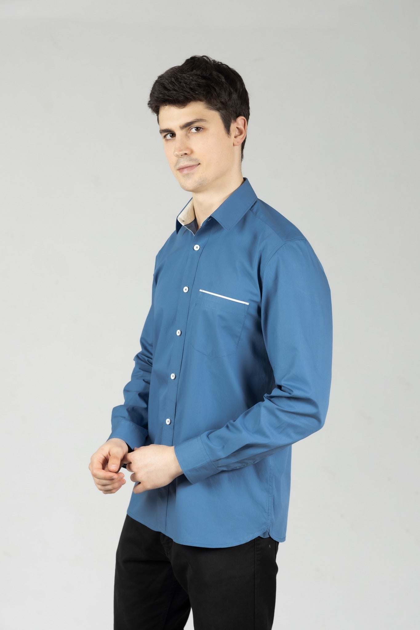 Ash Blue Contrast Men Shirt in Cotton with Full Sleeves & Single Pocket - OZMOD