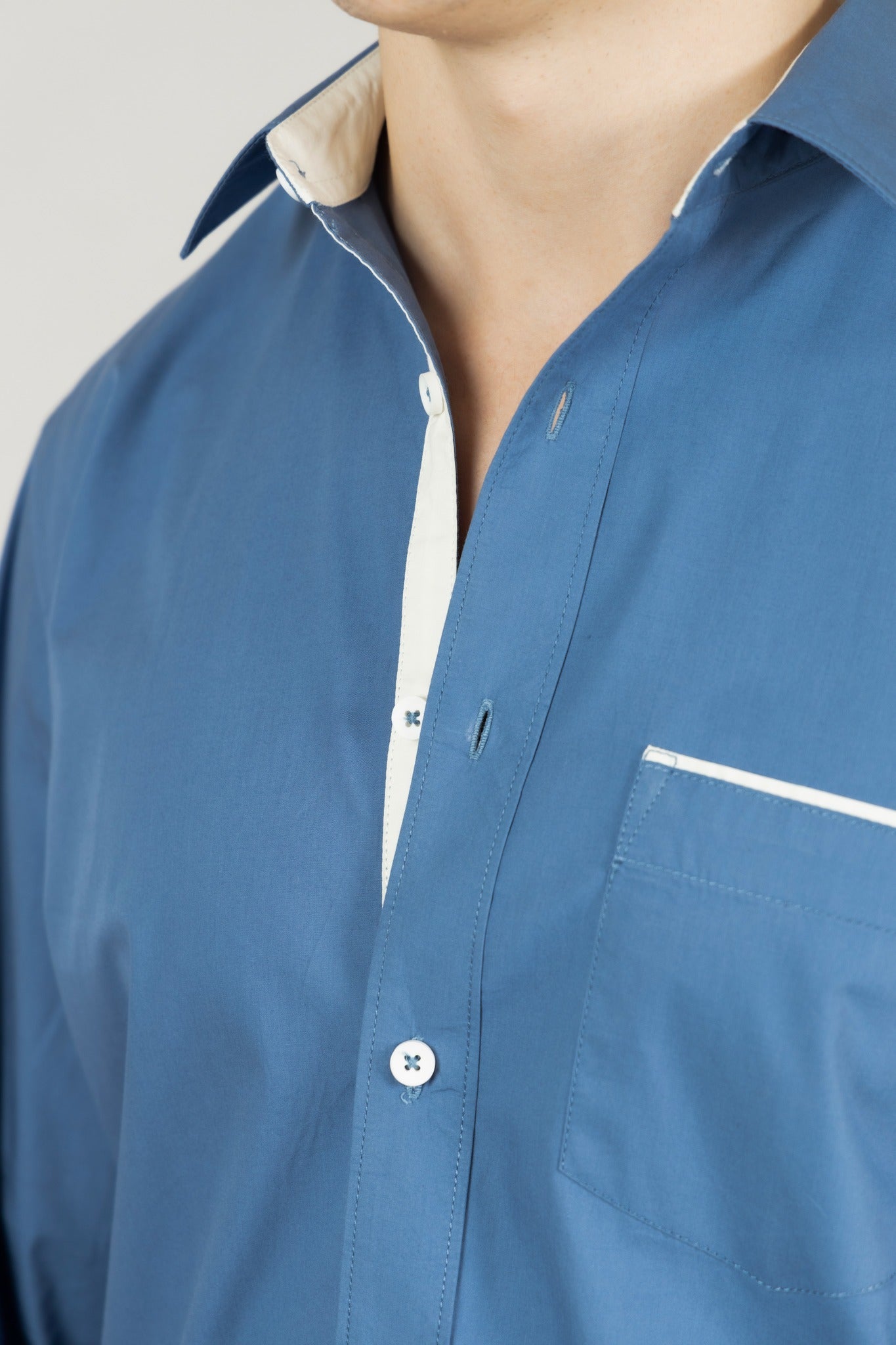 Ash Blue Contrast Men Shirt in Cotton with Full Sleeves & Single Pocket - OZMOD