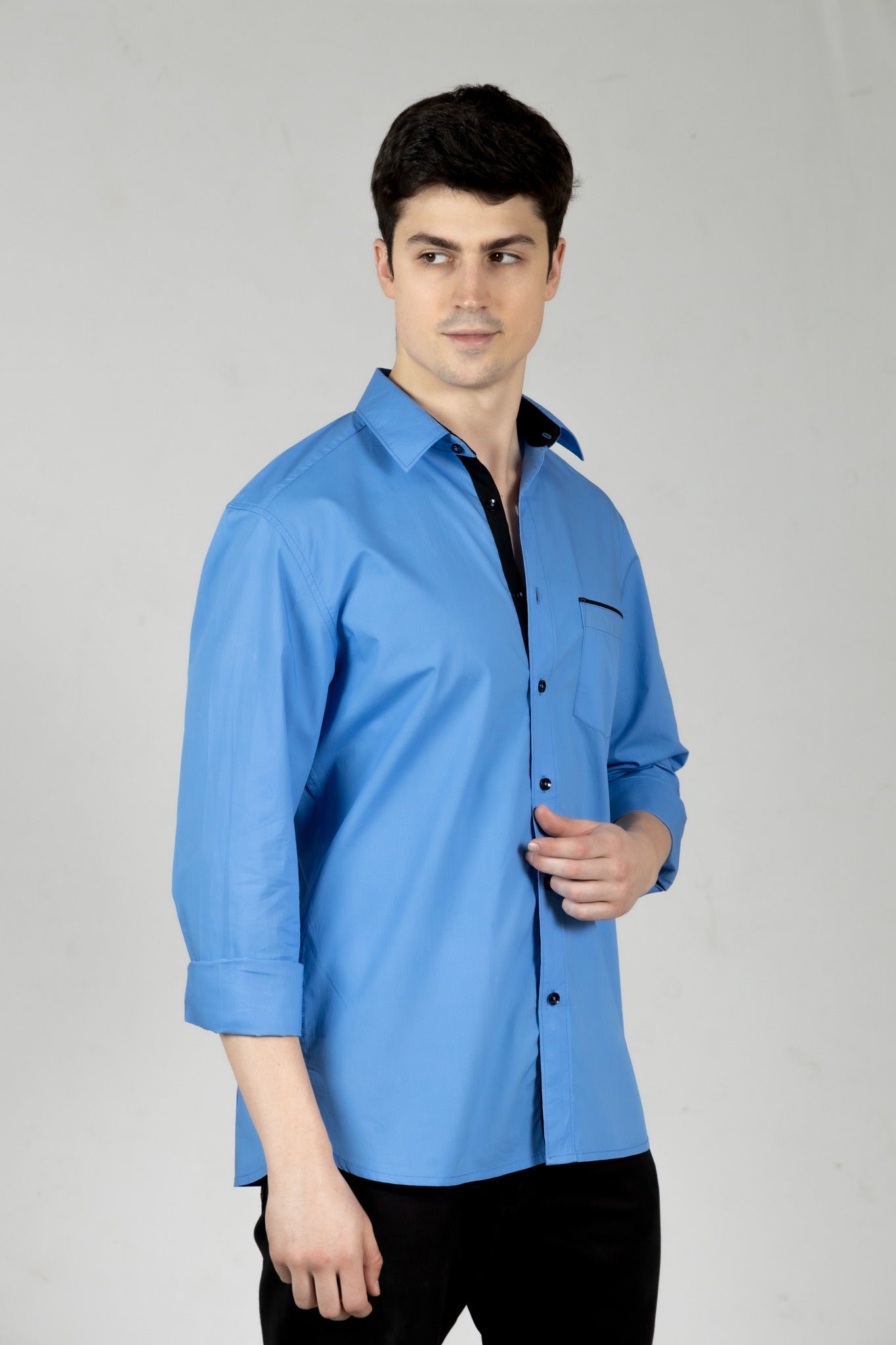 Electric Blue Contrast Men Shirt in Cotton with Full Sleeves & Single Pocket - OZMOD