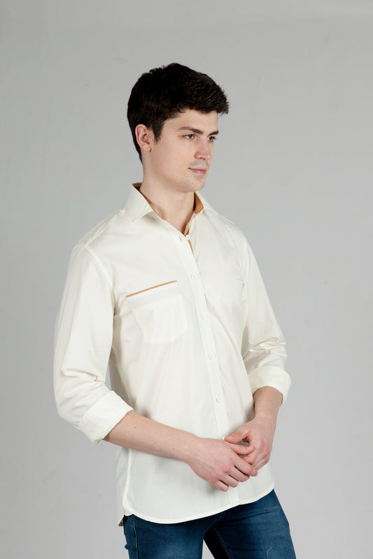 Off White Contrast Men Shirt in Cotton with Full Sleeves & Single Pocket - OZMOD