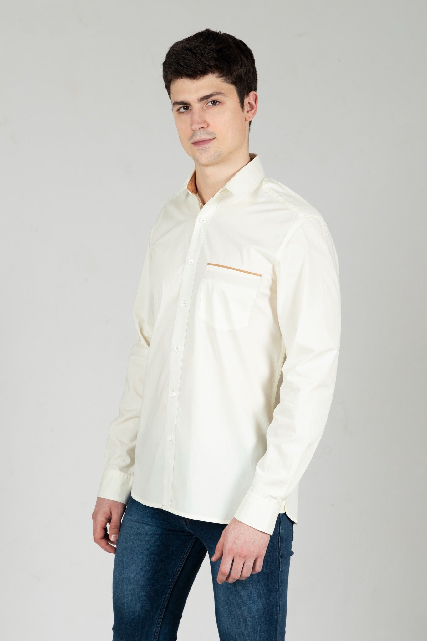 Off White Contrast Men Shirt in Cotton with Full Sleeves & Single Pocket - OZMOD