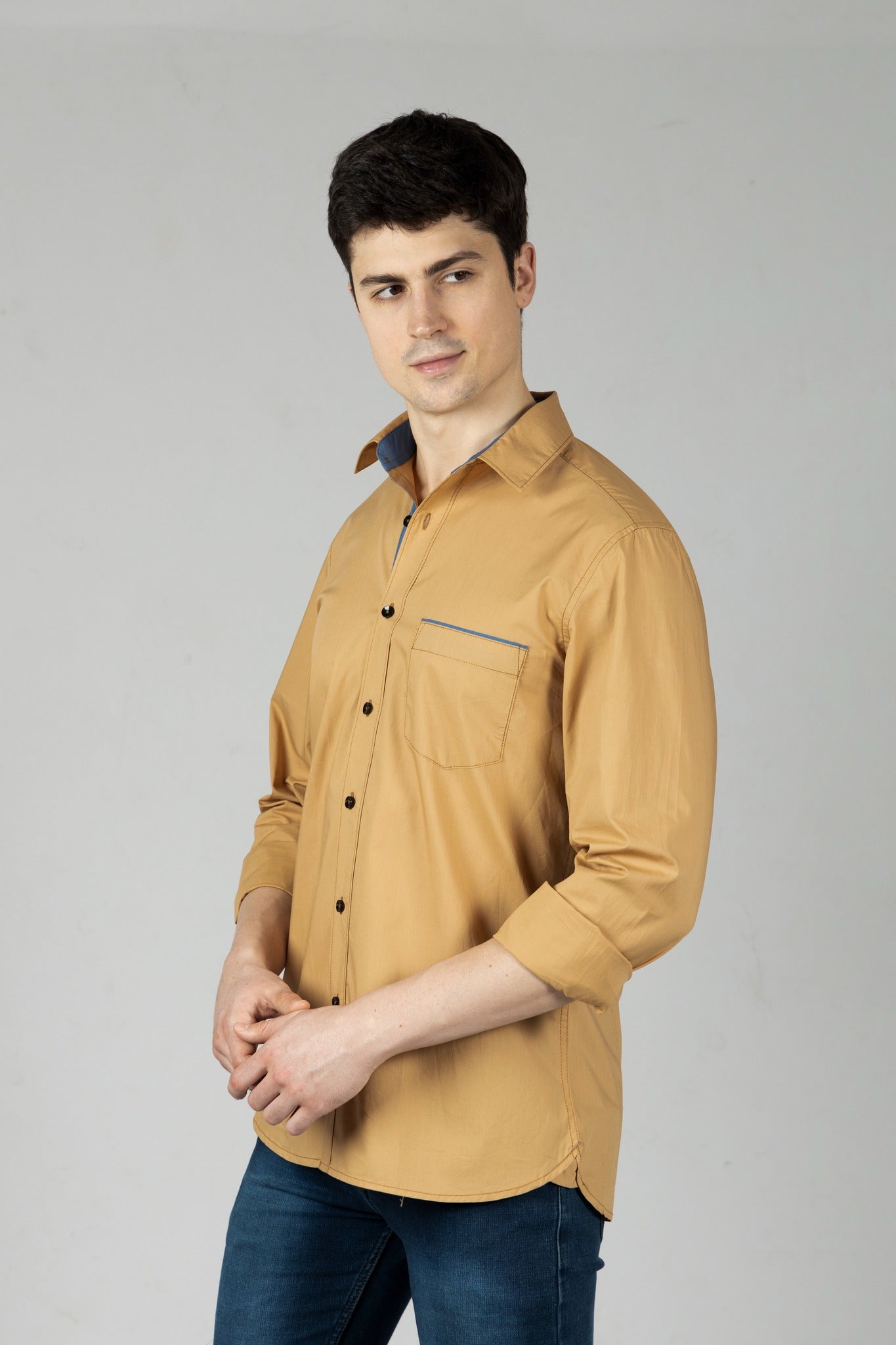Tan Contrast Men Shirt in Cotton with Full Sleeves & Single Pocket