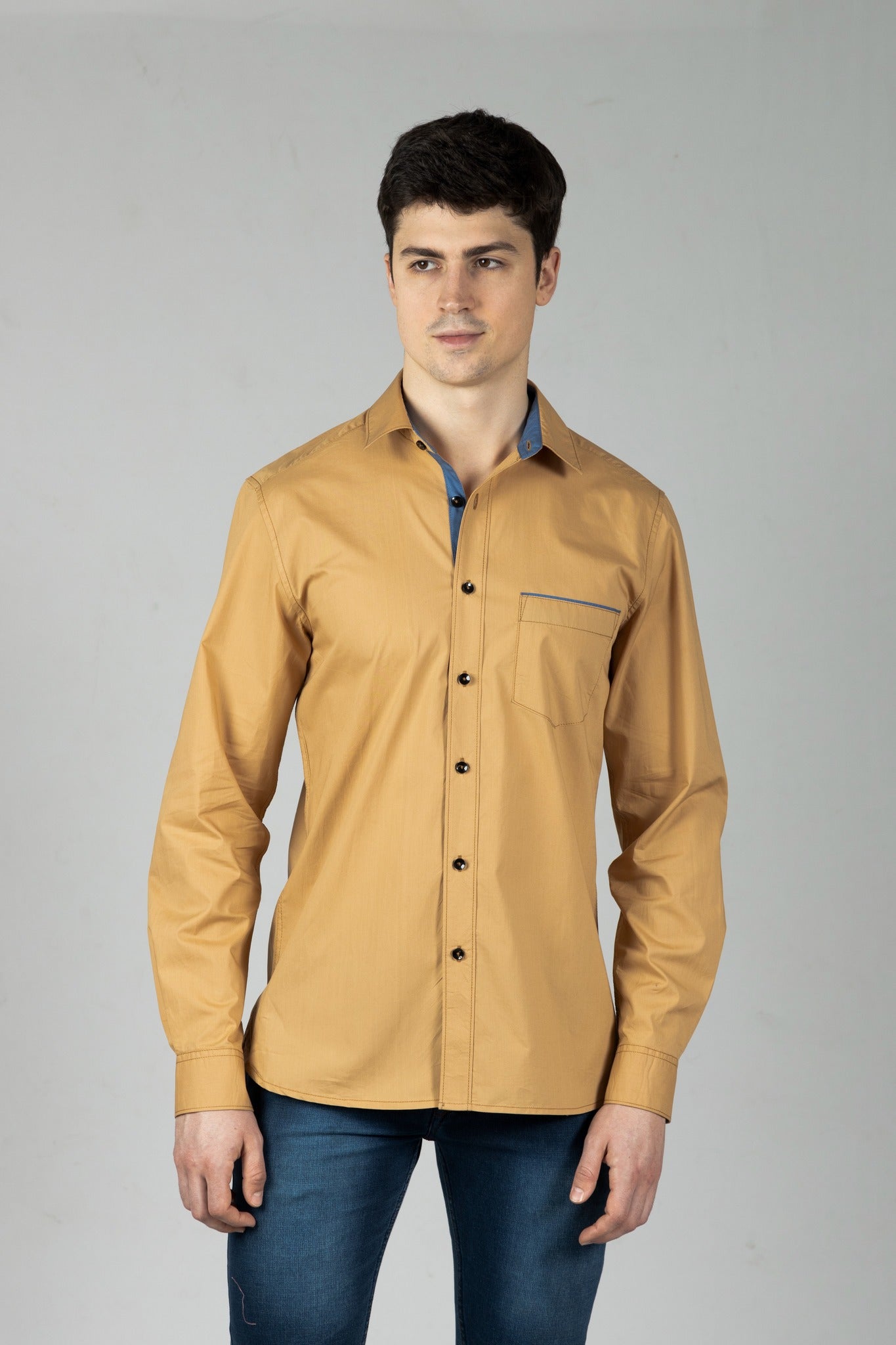 Tan Contrast Men Shirt in Cotton with Full Sleeves & Single Pocket - OZMOD