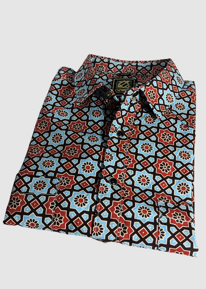 Turquoise Mens Western Shirt in Printed Cotton with Western Yoke