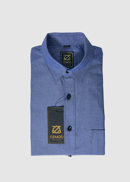 Blue Tapered Shirt in Melange Cotton with Single Pocket