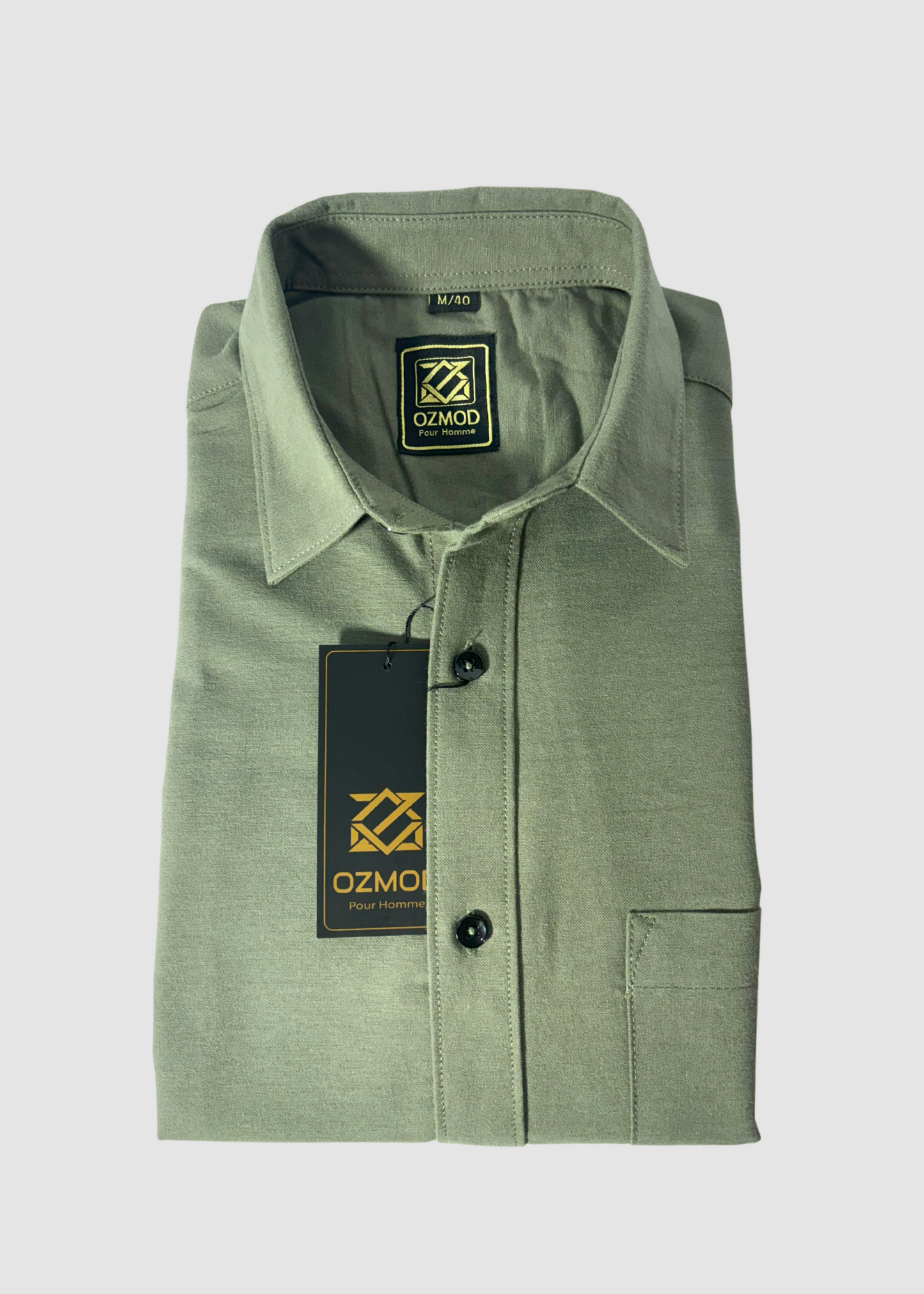 Green Tapered Shirt in Melange Cotton with Single Pocket